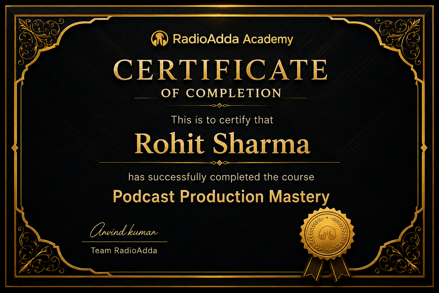 RadioAdda Academy Certificate of Completion for Rohit Sharma